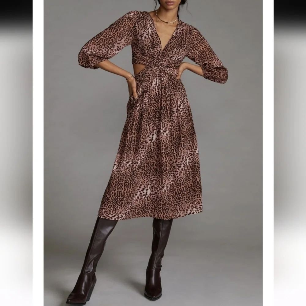 Ranna Gill Anthropologie Animal Print Cut-Out Midi Dress
